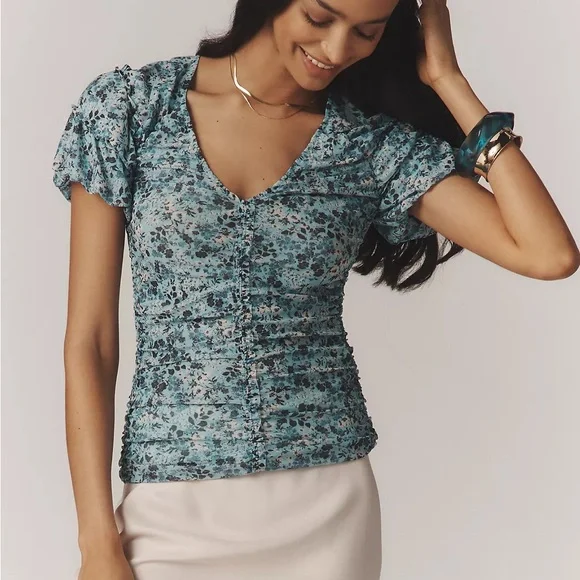 Anthropologie Blue Floral V-Neck Blouse - Picture 1 of 6
